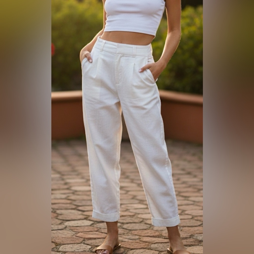 Ett:twa By Anthropologie High rise, Wide Leg Tapered, Cropped Cuffed White 6